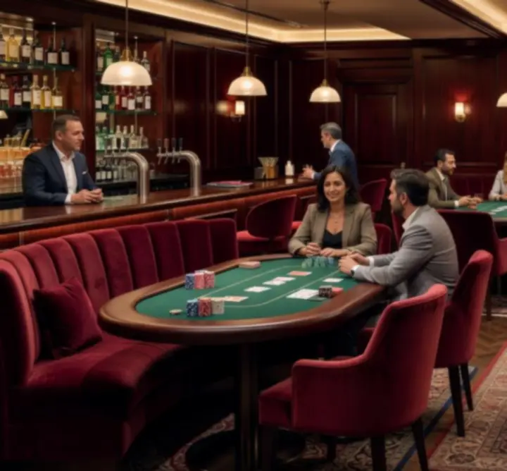 Eleganckie wnętrze lokalu MindLogicHU z profesjonalnym stołem pokerowym.