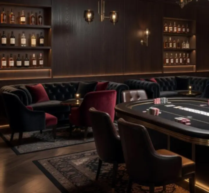 Przyciemnione, eleganckie wnętrze baru MindLogicHU z pokerowym klimatem