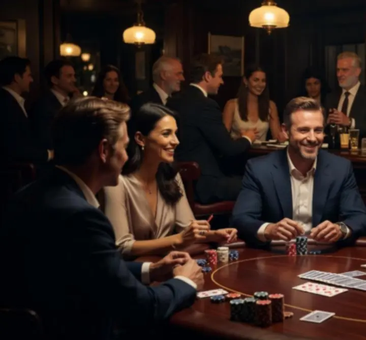 Wieczór pokerowy w eleganckim barze MindLogicHU z kartami i żetonami na stole.